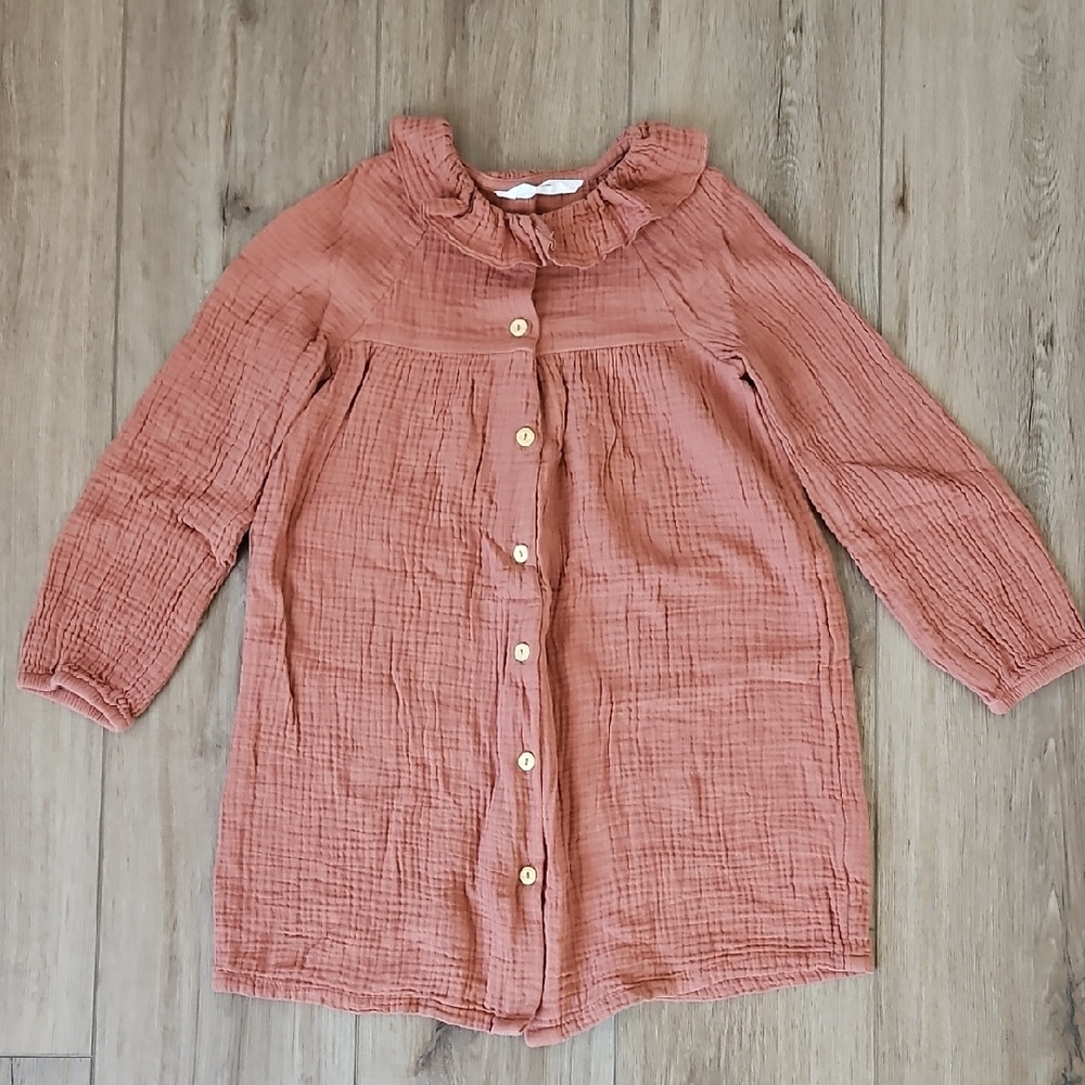 Rust Button-Up Dress with Ruffle Collar